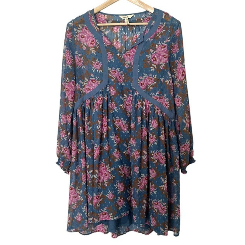 Matilda Jane To The Nines Blue Pink Boho Floral‎ Dot Lined Long Sleeve Dress M